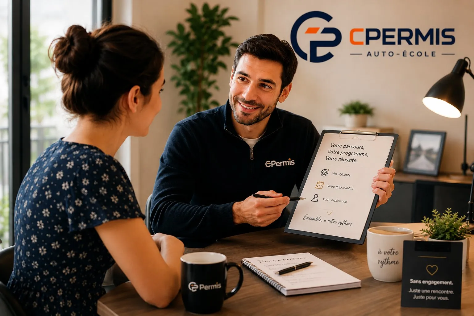 Un moniteur CPermis présente le programme personnalisé à une future élève autour d’un clipboard, lors du premier rendez-vous