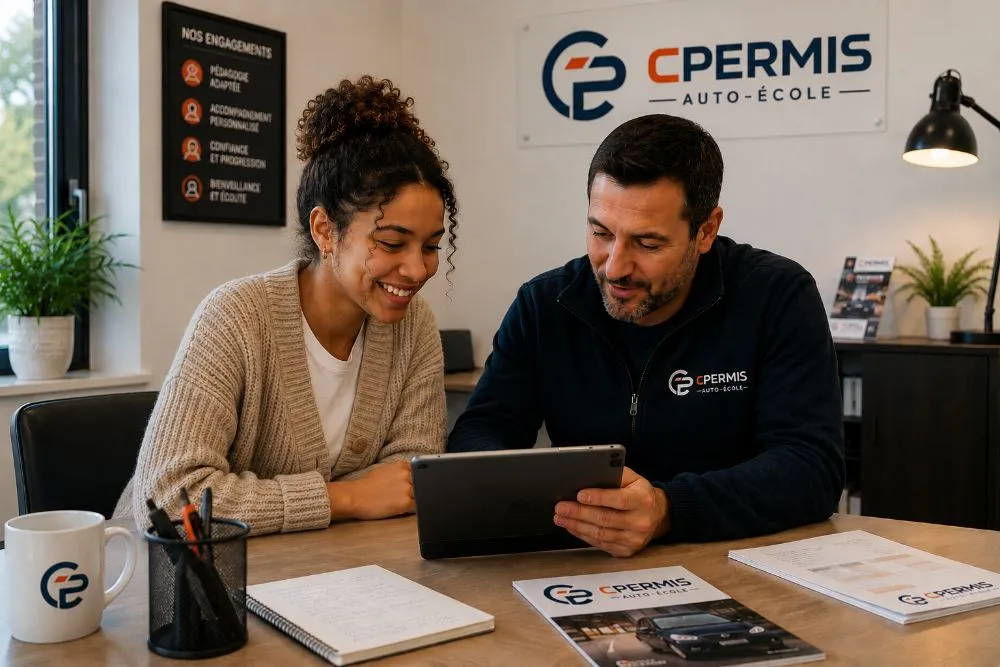 Une élève et un moniteur CPermis consultant une tablette pour préparer le Code de la route