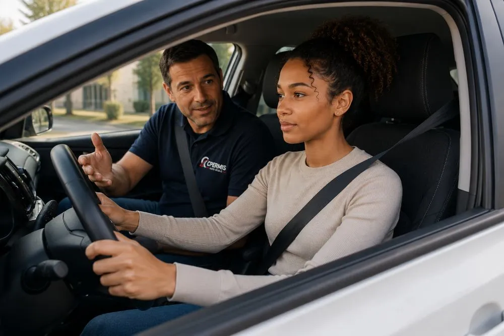 Un moniteur CPermis guidant une élève au volant pendant une leçon de conduite