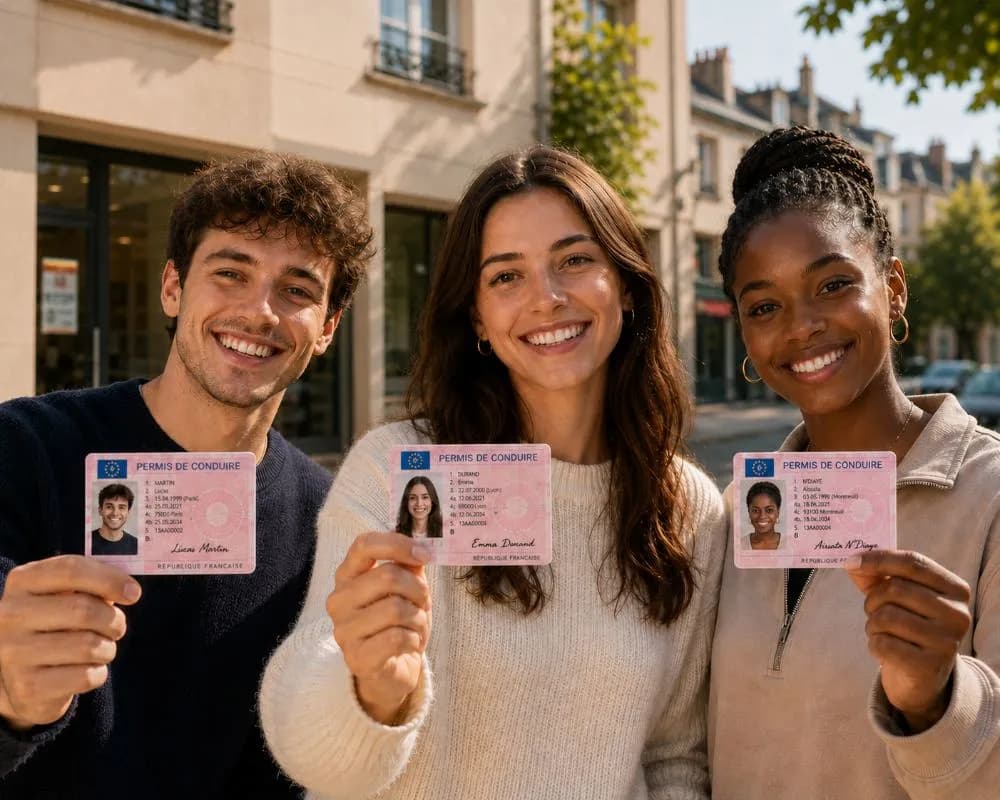 Trois jeunes conducteurs souriants tenant fièrement leur permis de conduire fraîchement obtenu