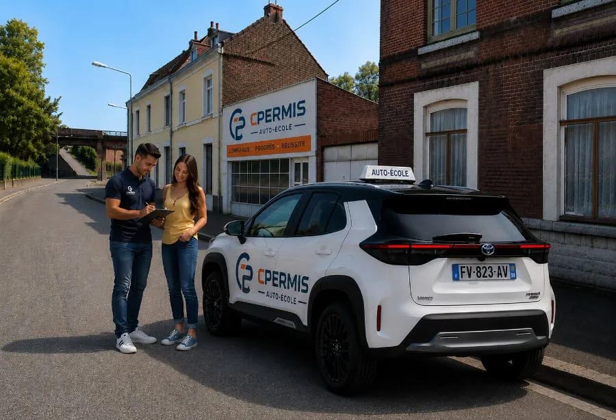Un moniteur CPermis accueillant une jeune conductrice débutante devant une voiture-école CPermis floquée, garée devant la façade de l’auto-école CPermis.