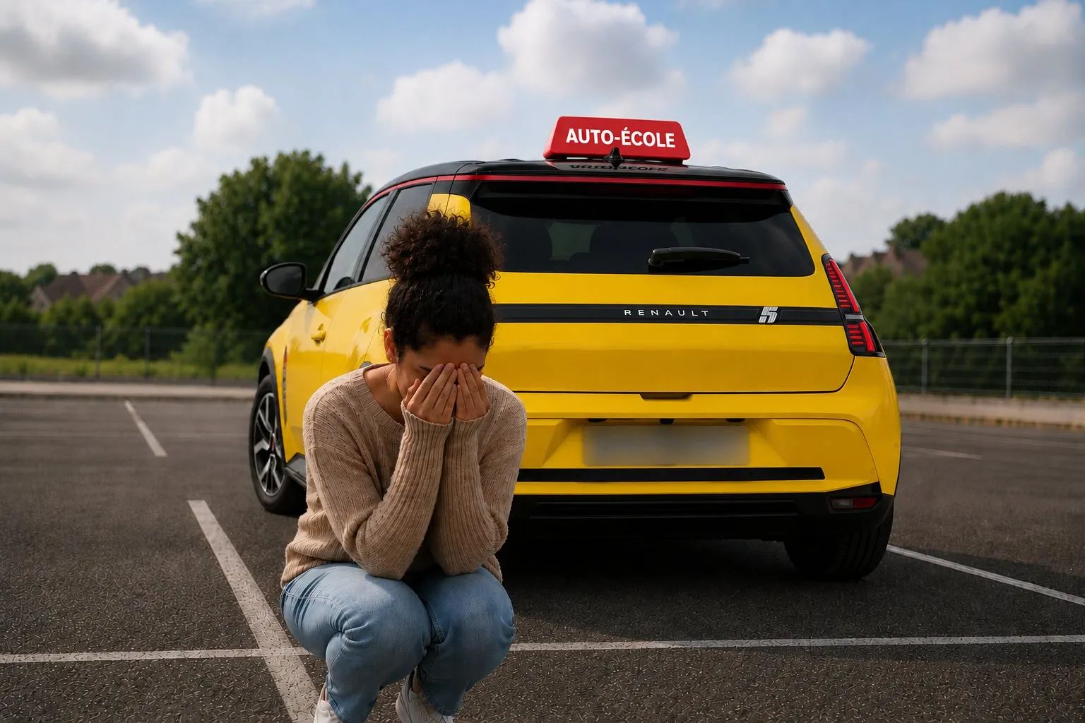 Élève conductrice déçue, accroupie devant une Renault 5 E-Tech auto-école, après un échec à l’examen, symbolisant la détermination à retenter sa chance.