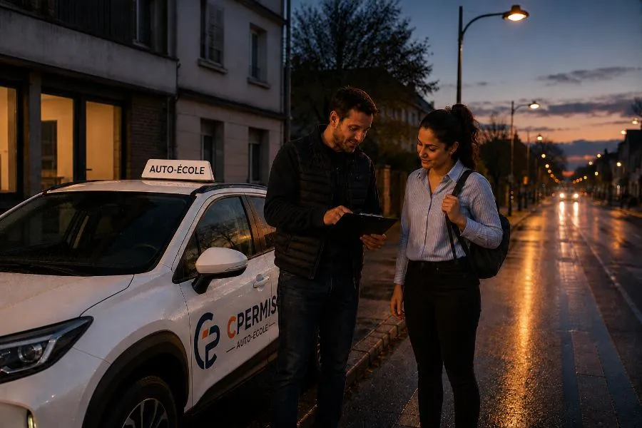 Un moniteur CPermis passant en revue la progression d’une élève aux côtés d’une voiture-école CPermis floquée, illustrant comment le permis ouvre des opportunités professionnelles.