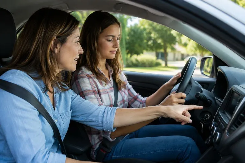 Une jeune conductrice s’exerçant à la conduite accompagnée, guidée avec calme par une adulte expérimentée à l’intérieur du véhicule.